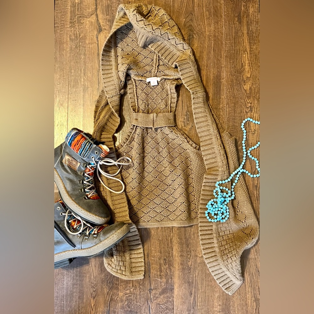 Brown hooded sweater cardigan. Looks cute with jeans and tights